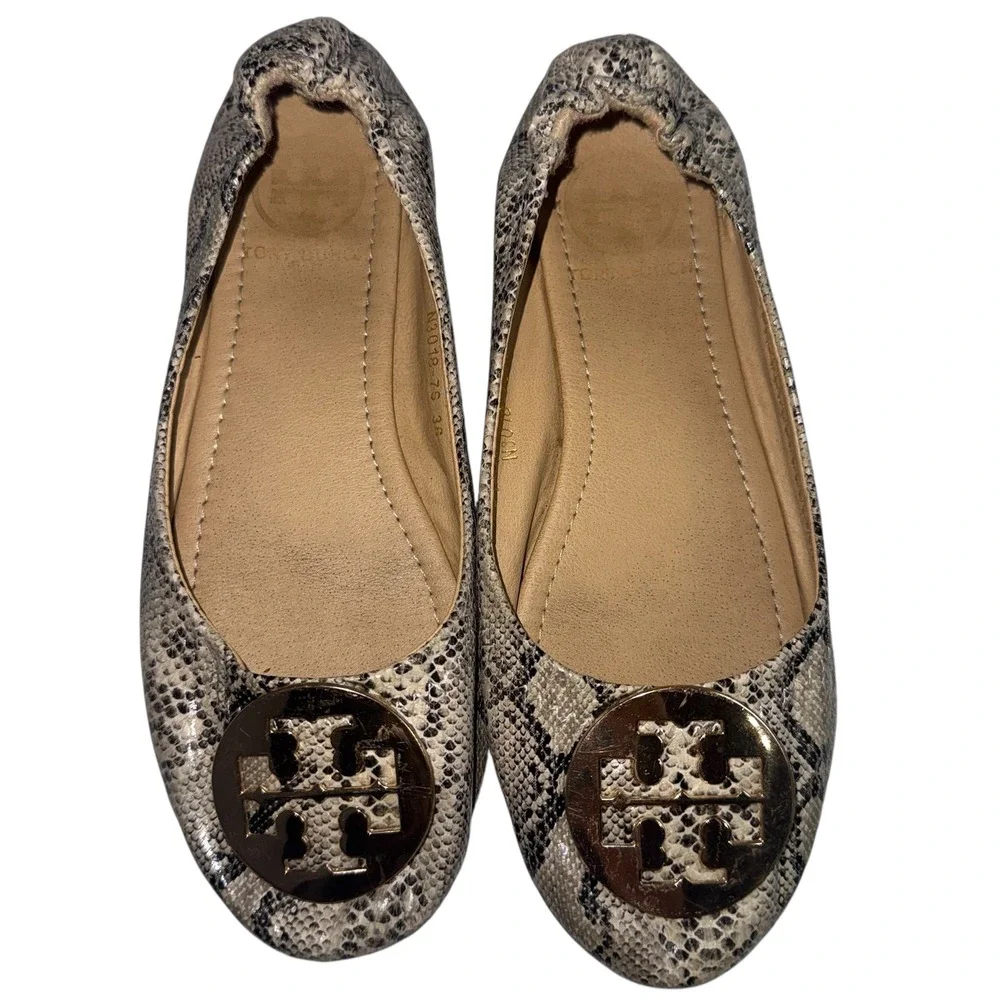 Tory Burch Minnie Travel Ballet Flats Snakeskin Embossed‎ Gold Logo 36 N3018-7S